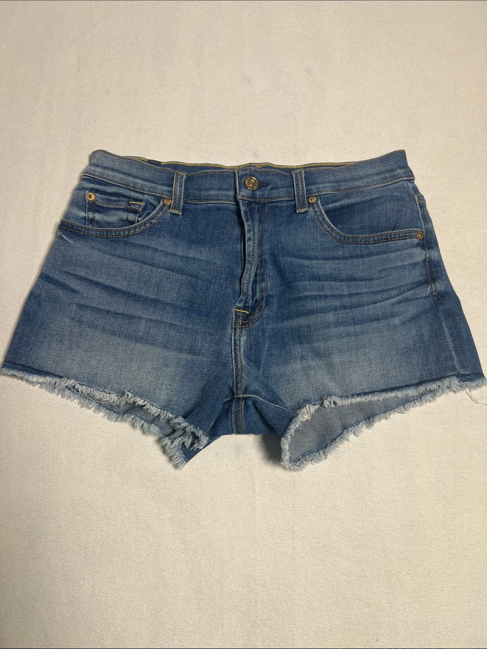 7 For All Mankind Blue Frayed Hem Denim Shorts